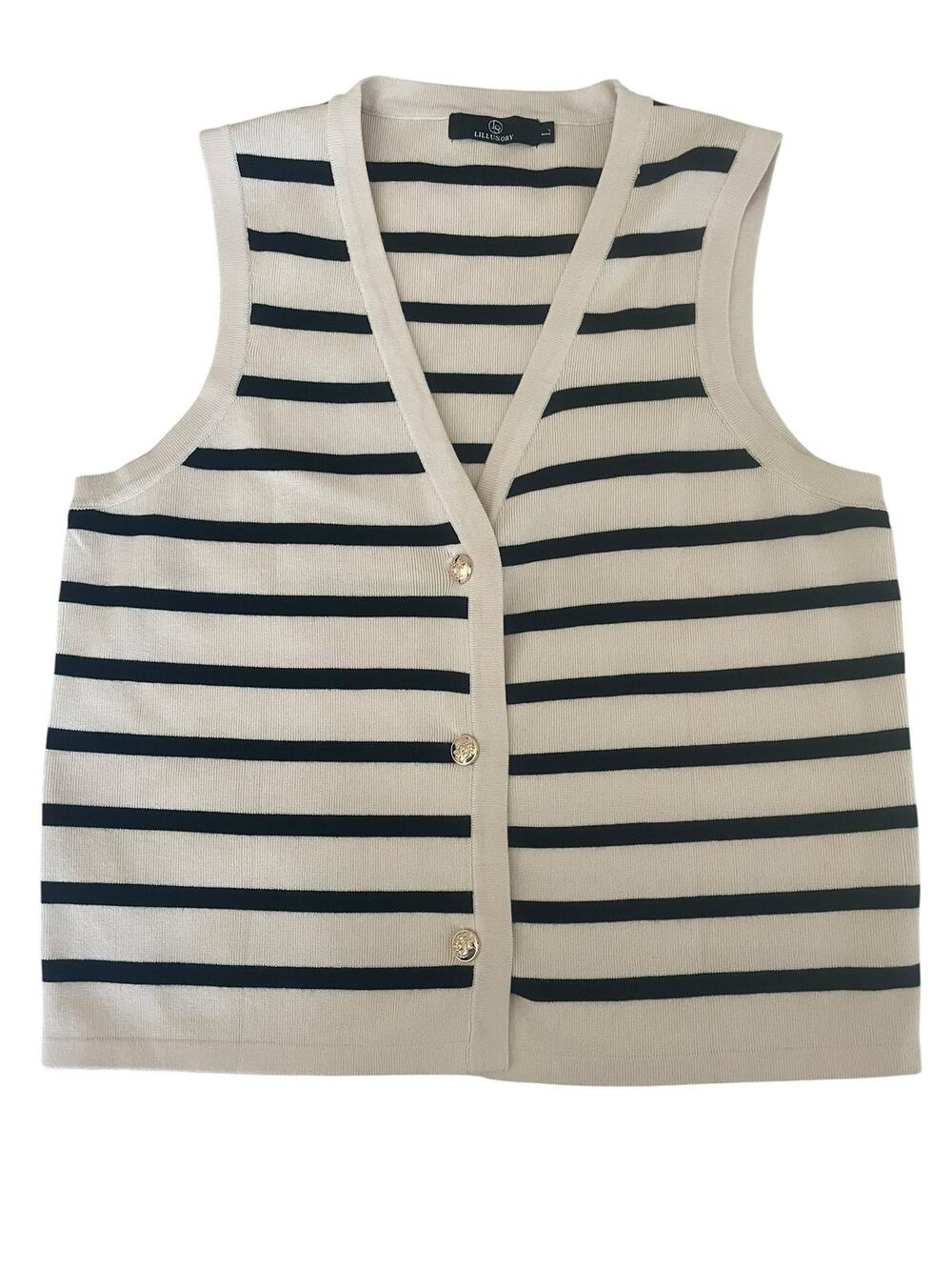 Lillusory Women's Striped Knit Cardigan Vest with Gold Buttons Size Large